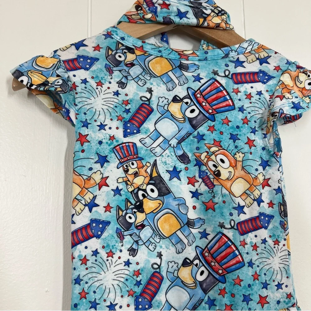 Charlie’s Project Kids Bluey Fireworks Fourth of July Bamboo Twirl Dress & Bow